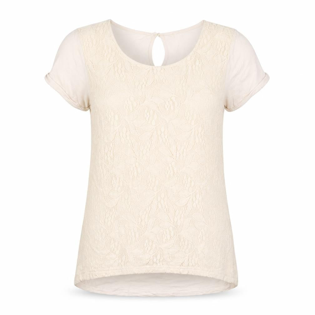 Front view of Warehouse women’s beige viscose basic t-shirt, size UK 10, crew neck - embroidered