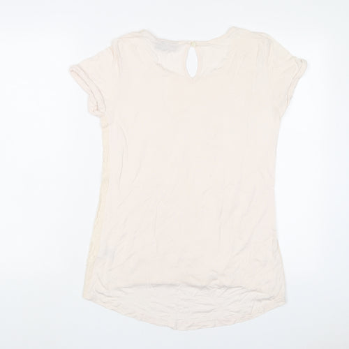 Warehouse Womens Beige Viscose Basic T-Shirt Size 10 Crew Neck - Embroidered