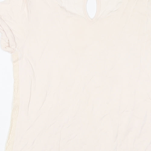 Warehouse Womens Beige Viscose Basic T-Shirt Size 10 Crew Neck - Embroidered