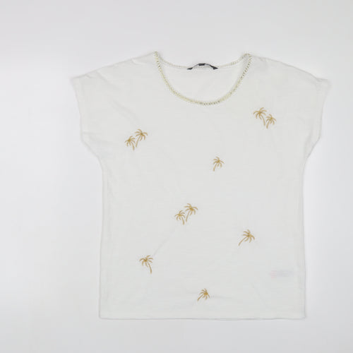 Bonmarché Womens White Polyester Basic T-Shirt Size 10 Crew Neck - Embroidered