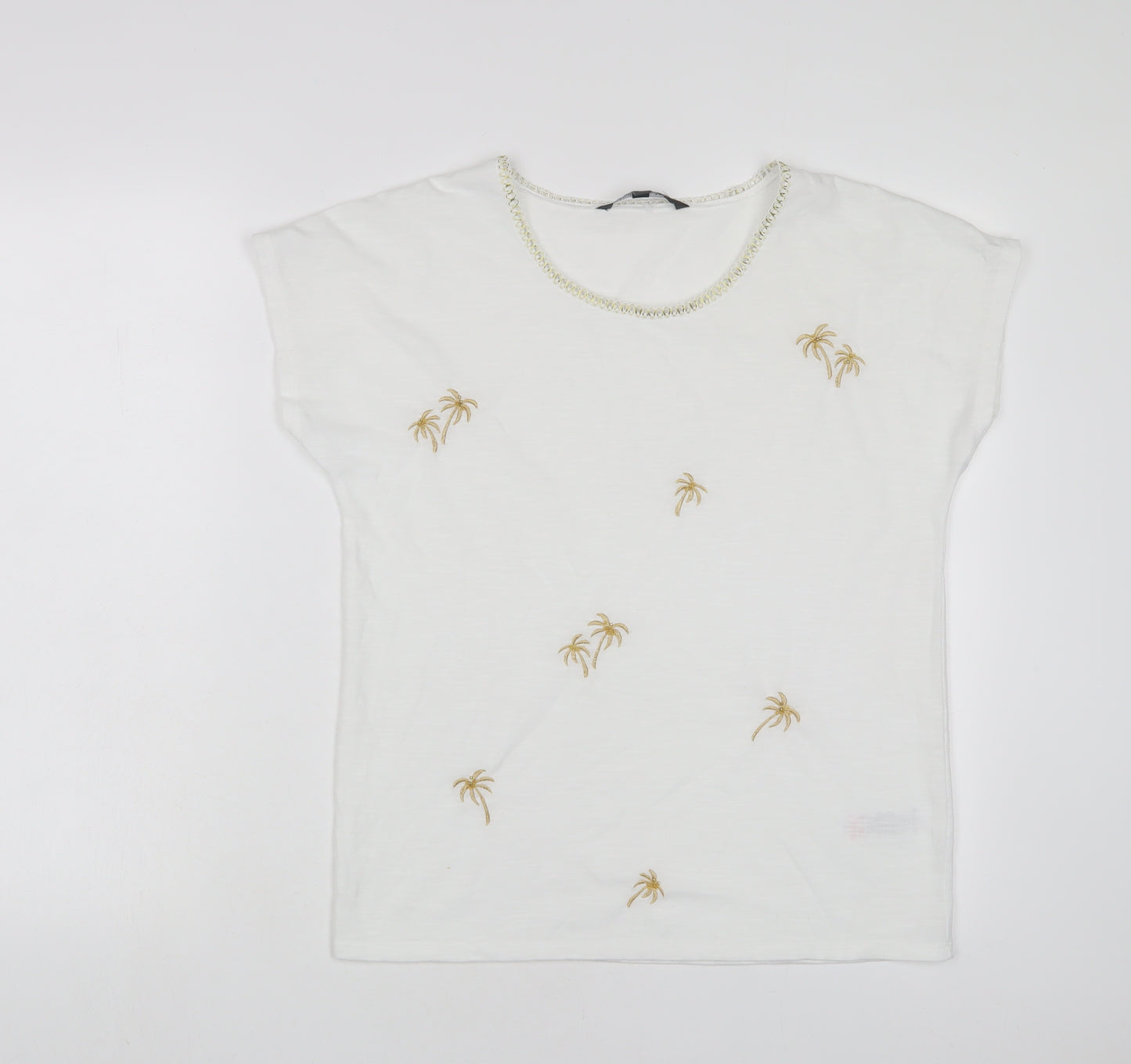 Bonmarché Womens White Polyester Basic T-Shirt Size 10 Crew Neck - Embroidered
