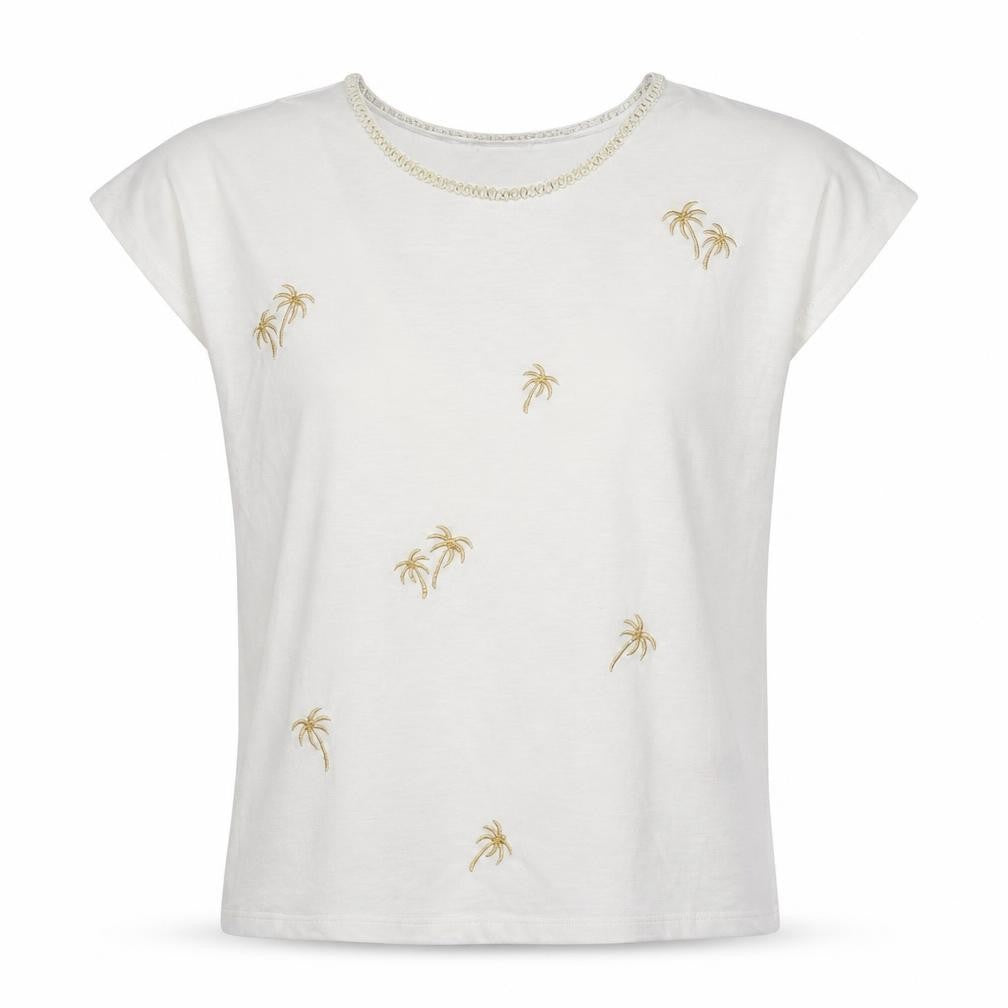 Front view of Bonmarché women’s white polyester basic t-shirt, size UK 10, crew neck - embroidered