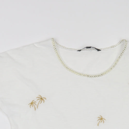 Bonmarché Womens White Polyester Basic T-Shirt Size 10 Crew Neck - Embroidered