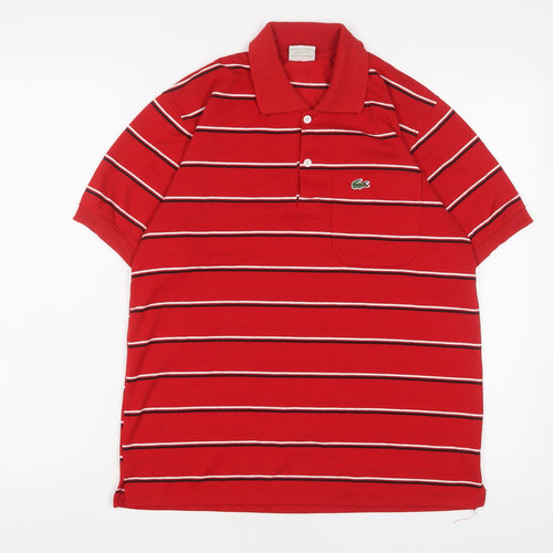 Lacoste Mens Red Striped Polyester Polo Size L Collared Button - Logo, Embroidered