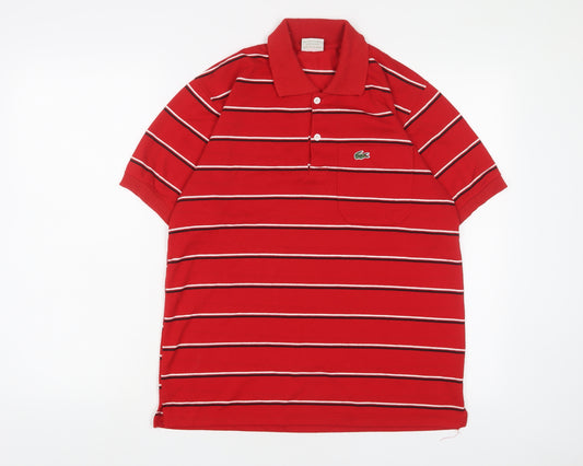 Lacoste Mens Red Striped Polyester Polo Size L Collared Button - Logo, Embroidered