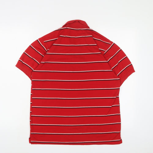 Lacoste Mens Red Striped Polyester Polo Size L Collared Button - Logo, Embroidered