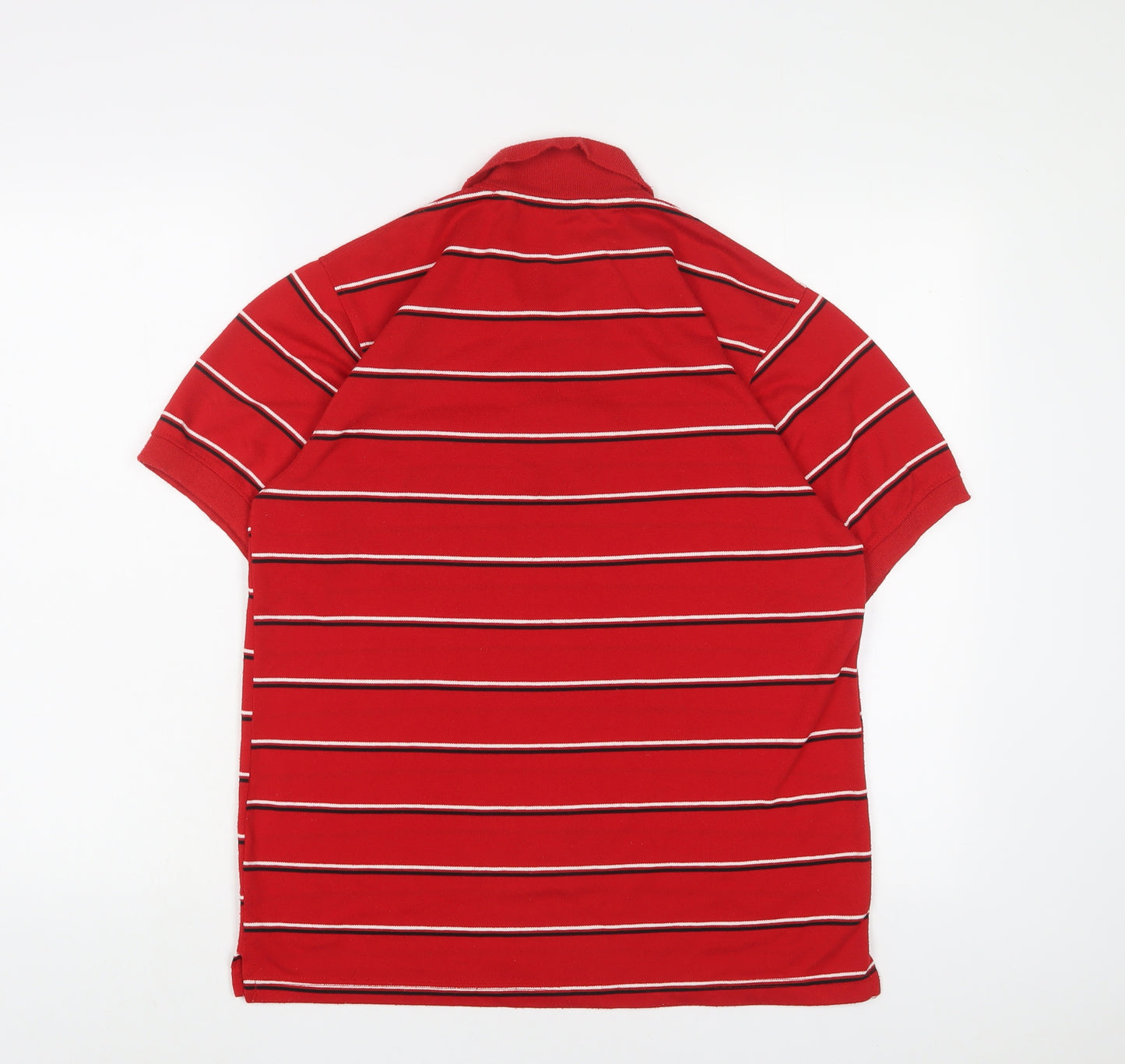 Lacoste Mens Red Striped Polyester Polo Size L Collared Button - Logo, Embroidered