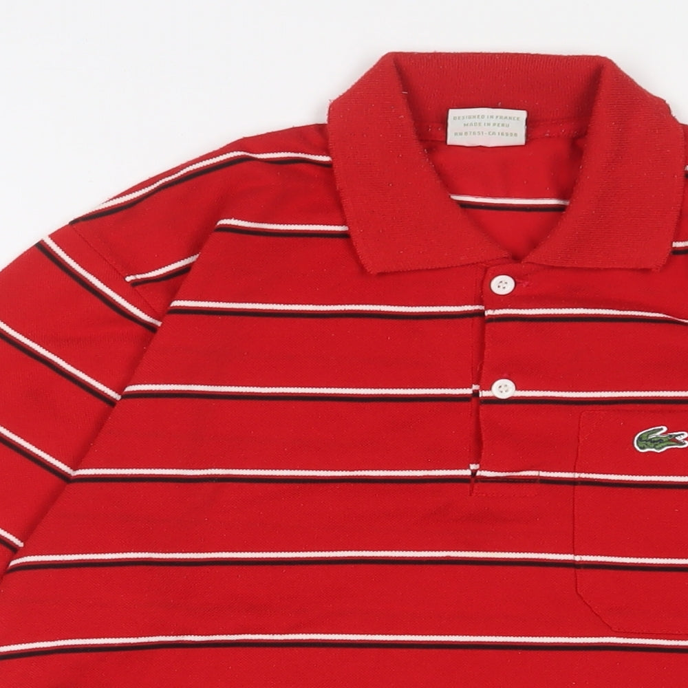 Lacoste Mens Red Striped Polyester Polo Size L Collared Button - Logo, Embroidered