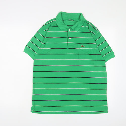 Lacoste Mens Green Striped Polyester Polo Size L Collared Button - Logo, Embroidered