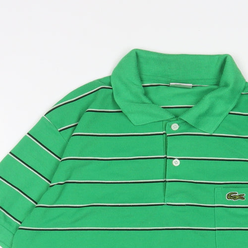 Lacoste Mens Green Striped Polyester Polo Size L Collared Button - Logo, Embroidered