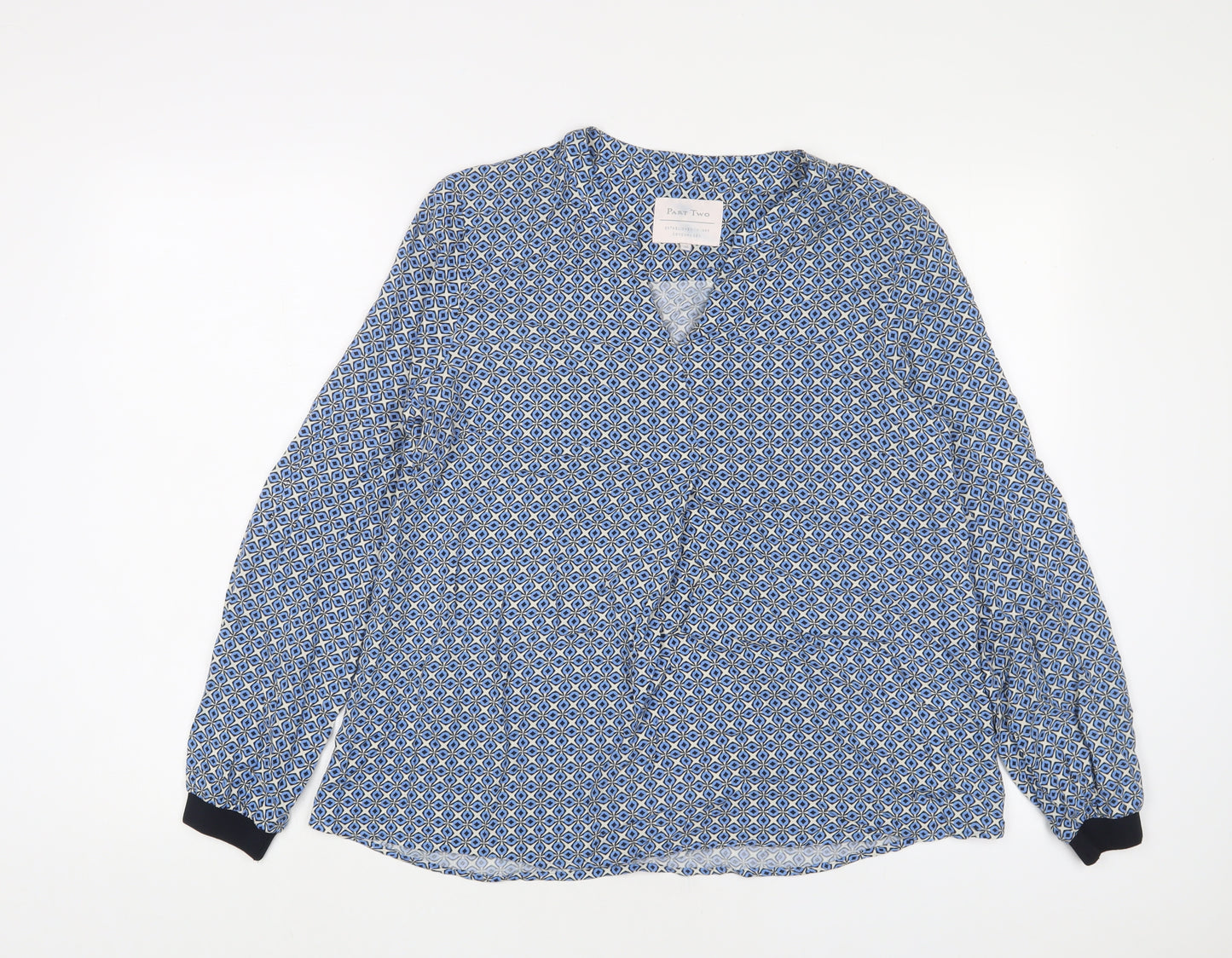 Part Two Womens Blue Geometric Viscose Basic Blouse Size 8 V-Neck