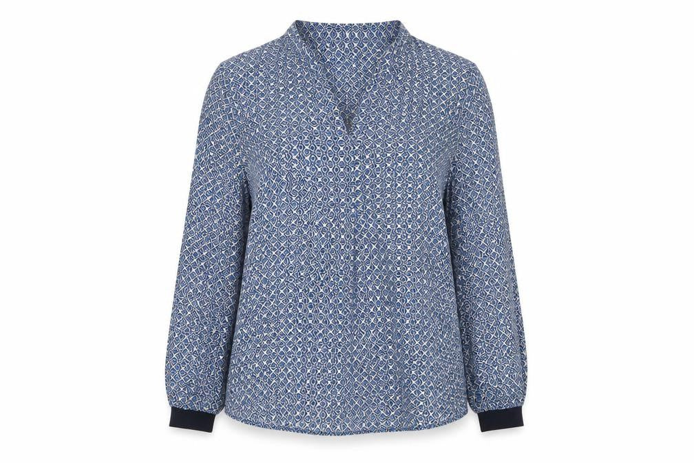 Front view of Part Two women’s blue geometric viscose basic blouse, size UK 8, v-neck