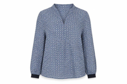 Front view of Part Two women’s blue geometric viscose basic blouse, size UK 8, v-neck