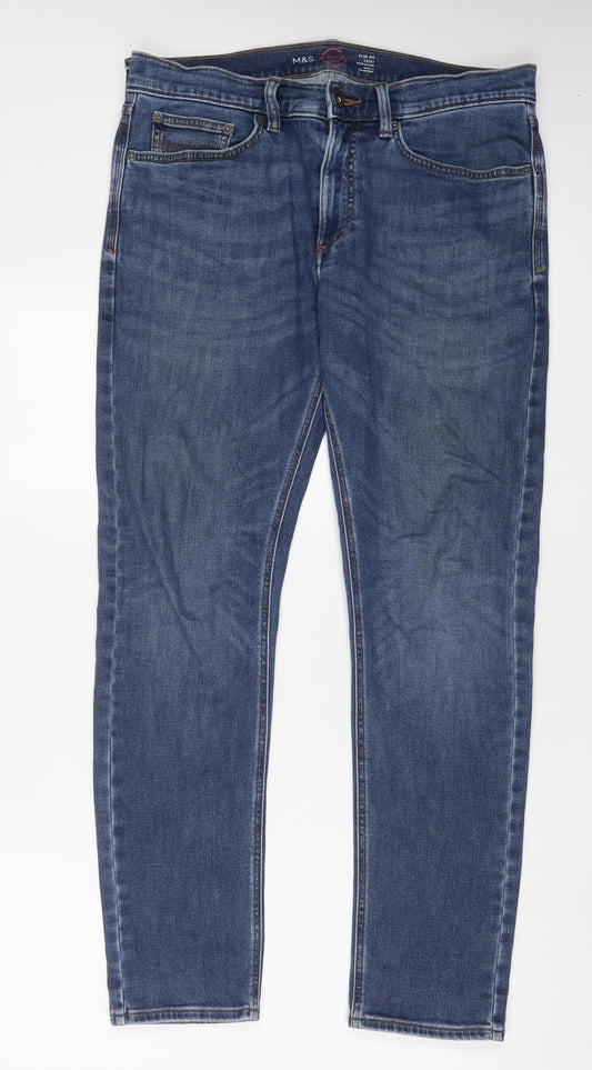 Marks and Spencer Mens Blue Cotton Straight Jeans Size 32 in L31 in Slim Zip