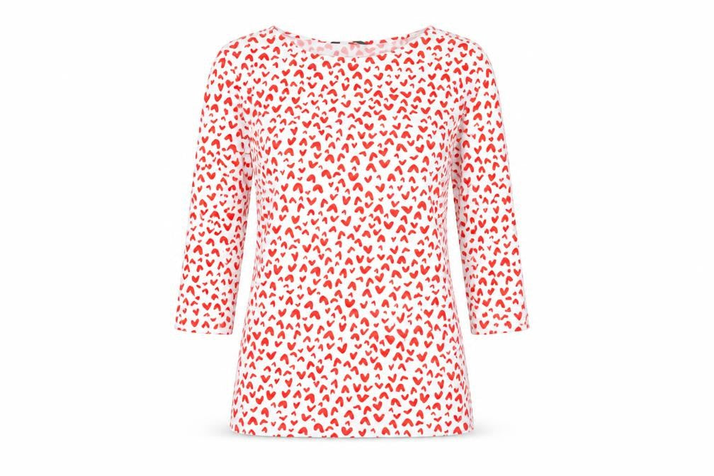 Marks and Spencer Womens Red Geometric Cotton Basic T-Shirt Size 12 Boat Neck - Hearts