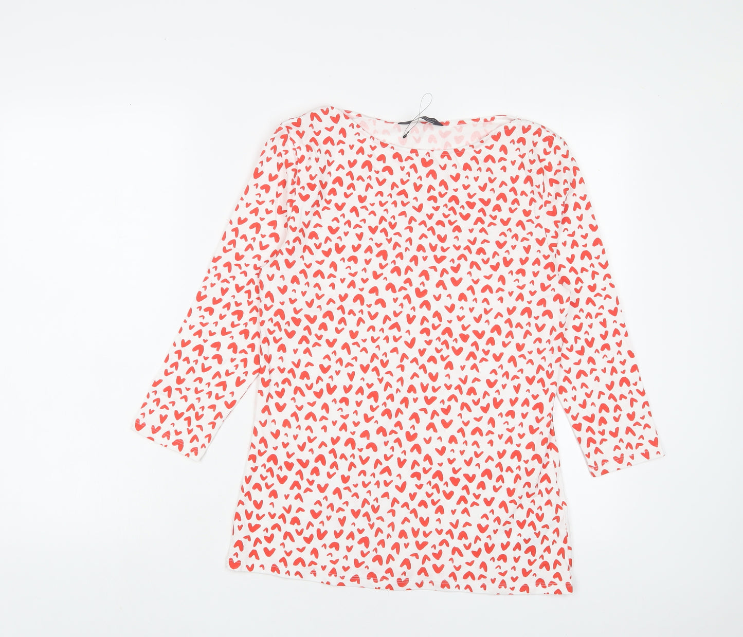 Marks and Spencer Womens Red Geometric Cotton Basic T-Shirt Size 12 Boat Neck - Hearts