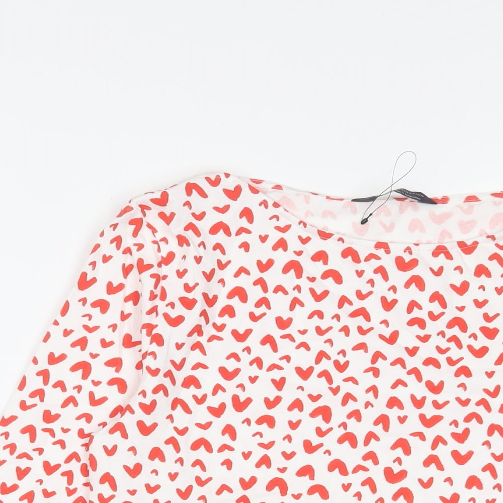 Marks and Spencer Womens Red Geometric Cotton Basic T-Shirt Size 12 Boat Neck - Hearts