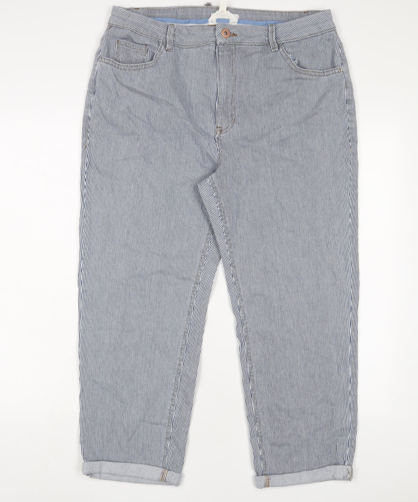 Per Una Womens Blue Striped Cotton Straight Jeans Size 18 L25 in Regular Zip