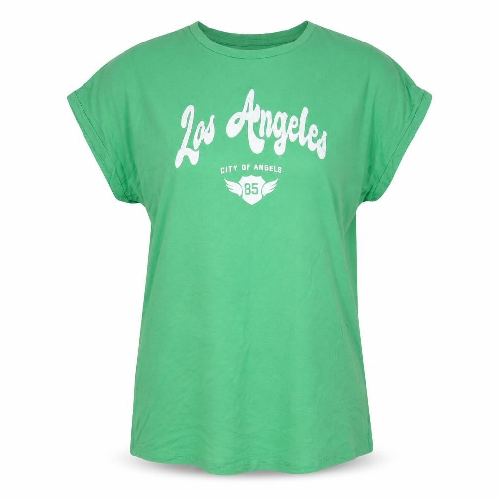 Front view of Los Angeles women’s green viscose basic t-shirt, size UK 14, crew neck
