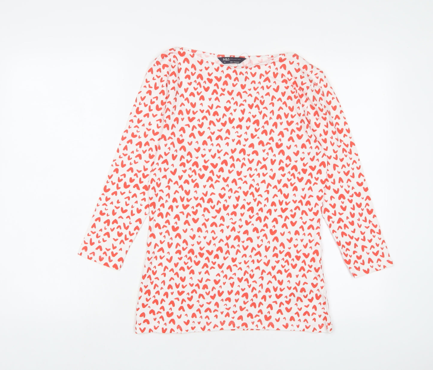 Marks and Spencer Womens Red Geometric Cotton Basic T-Shirt Size 10 Boat Neck - Hearts