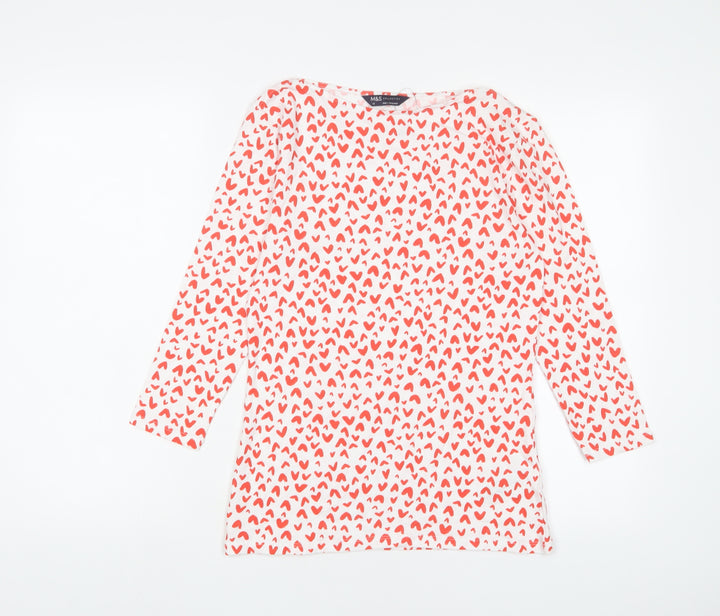 Marks and Spencer Womens Red Geometric Cotton Basic T-Shirt Size 10 Boat Neck - Hearts