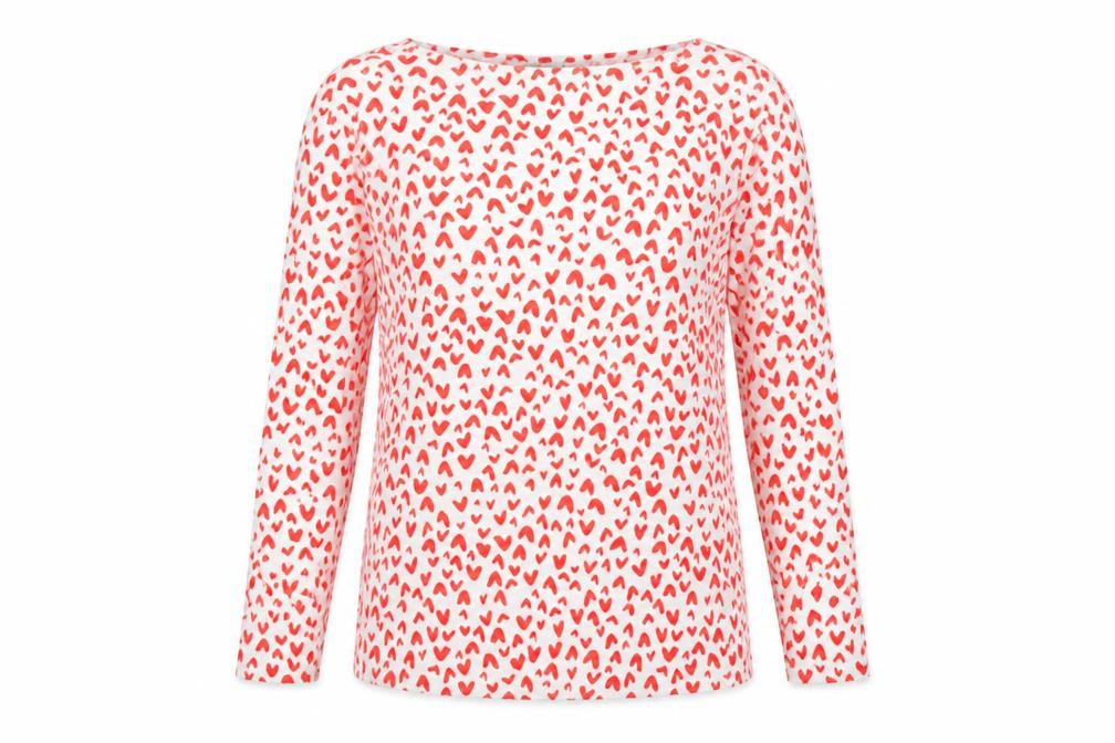 Marks and Spencer Womens Red Geometric Cotton Basic T-Shirt Size 10 Boat Neck - Hearts