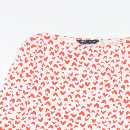 Marks and Spencer Womens Red Geometric Cotton Basic T-Shirt Size 10 Boat Neck - Hearts