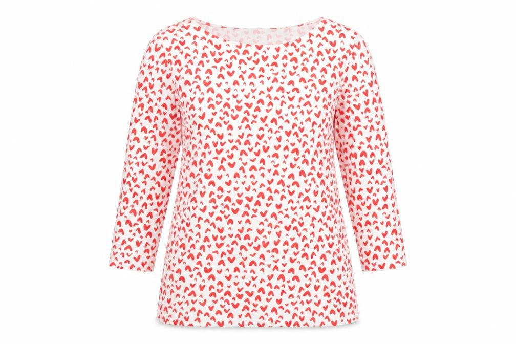 Marks and Spencer Womens Red Geometric Cotton Basic T-Shirt Size 12 Boat Neck - Hearts