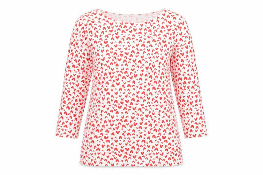 Front view of Marks & Spencer women’s red geometric cotton basic t-shirt, size UK 12, boat neck - hearts