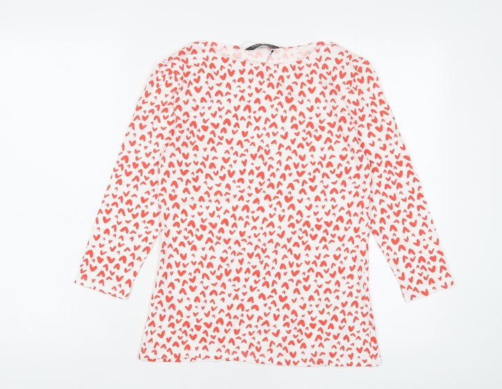 Marks and Spencer Womens Red Geometric Cotton Basic T-Shirt Size 10 Boat Neck - Hearts