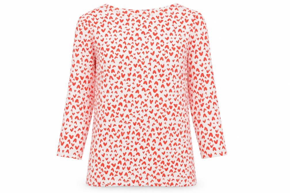 Marks and Spencer Womens Red Geometric Cotton Basic T-Shirt Size 10 Boat Neck - Hearts