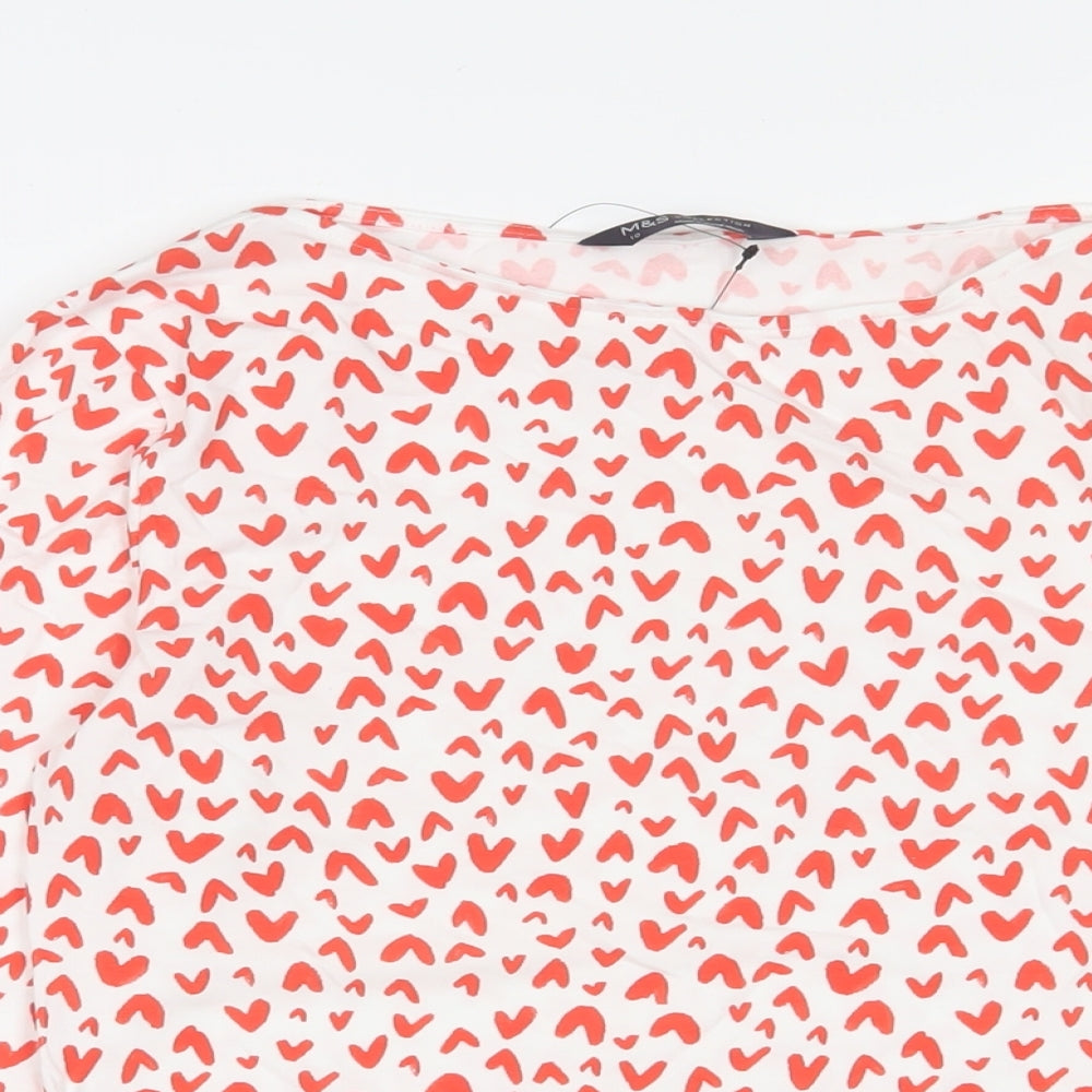 Marks and Spencer Womens Red Geometric Cotton Basic T-Shirt Size 10 Boat Neck - Hearts