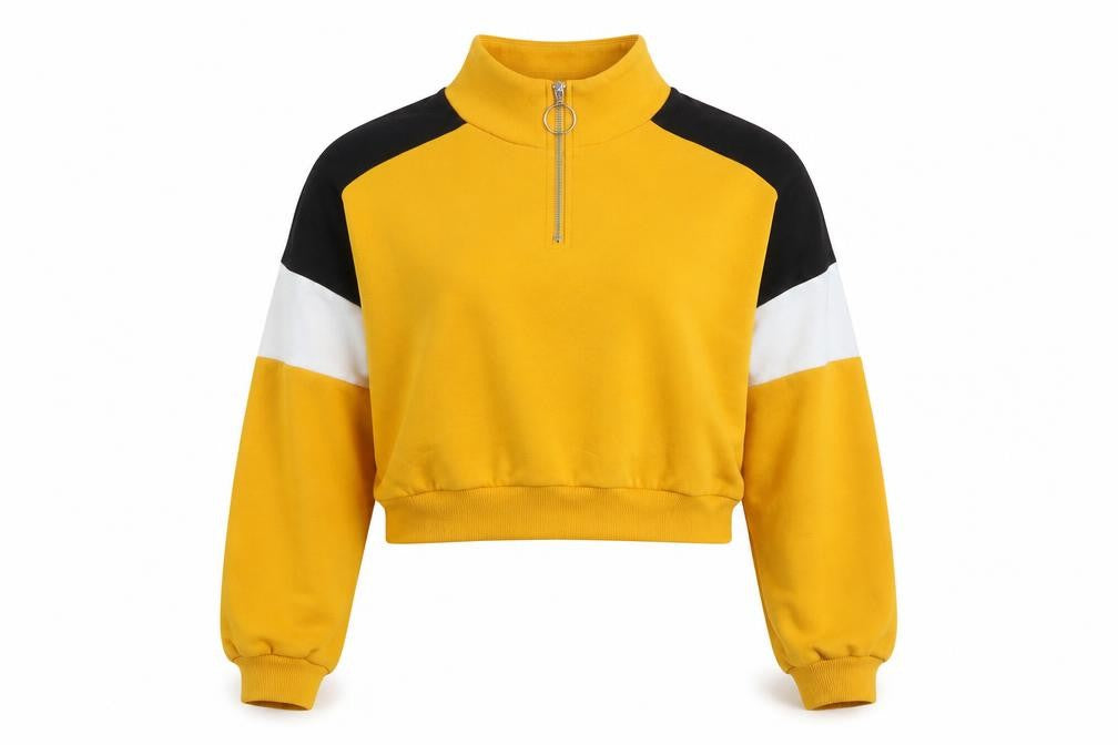 Front view of Divided women’s yellow cotton pullover sweatshirt, size S, zip