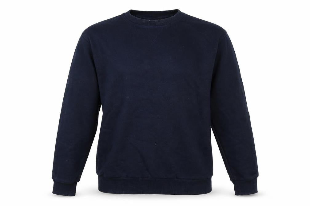 Front view of Zara men’s blue cotton pullover sweatshirt, size M