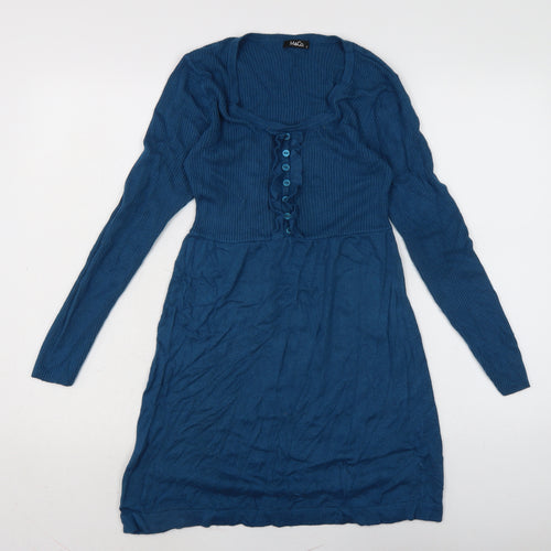 M&Co Womens Blue Acrylic Jumper Dress Size S Boat Neck - 32 inch length.