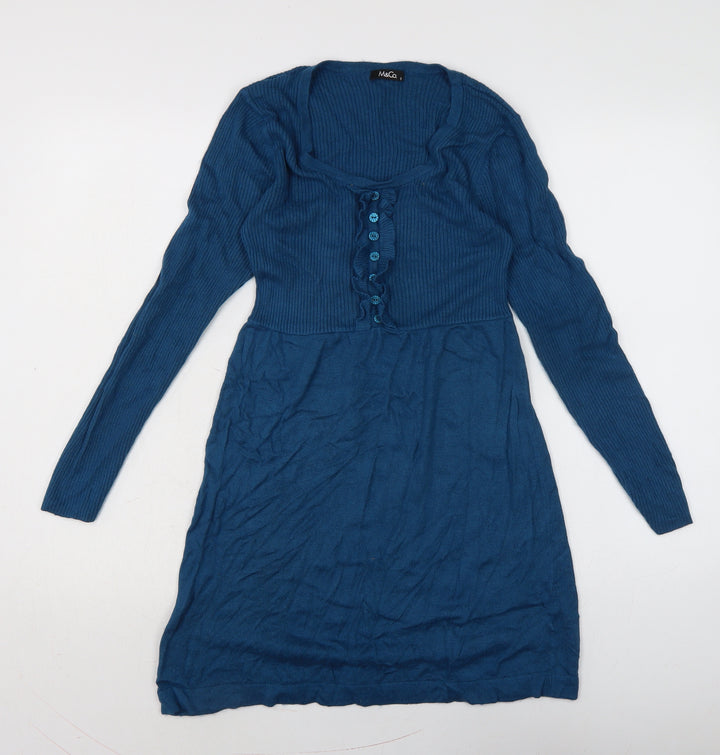 M&Co Womens Blue Acrylic Jumper Dress Size S Boat Neck - 32 inch length.