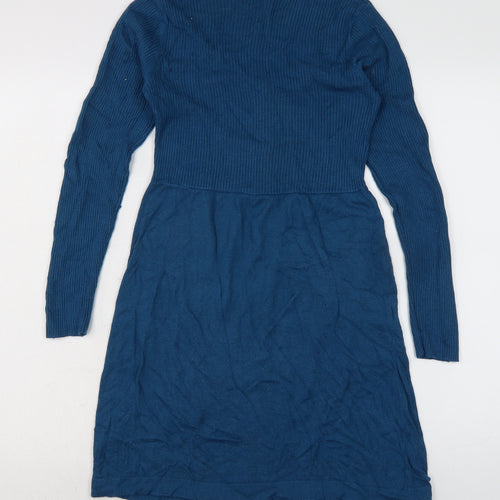 M&Co Womens Blue Acrylic Jumper Dress Size S Boat Neck - 32 inch length.