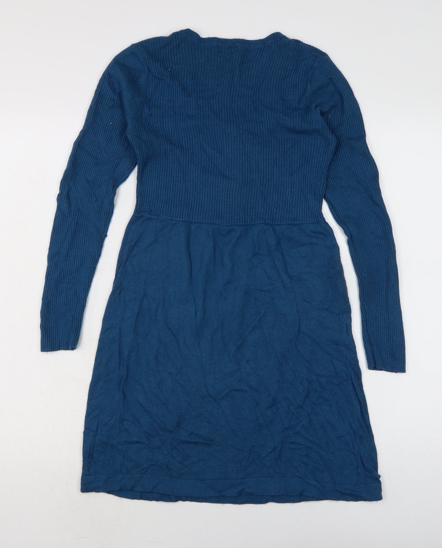 M&Co Womens Blue Acrylic Jumper Dress Size S Boat Neck - 32 inch length.
