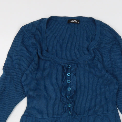M&Co Womens Blue Acrylic Jumper Dress Size S Boat Neck - 32 inch length.