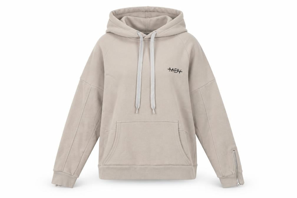 Front view of MDV women’s beige cotton pullover sweatshirt, size UK 8, - zipped cuffs.