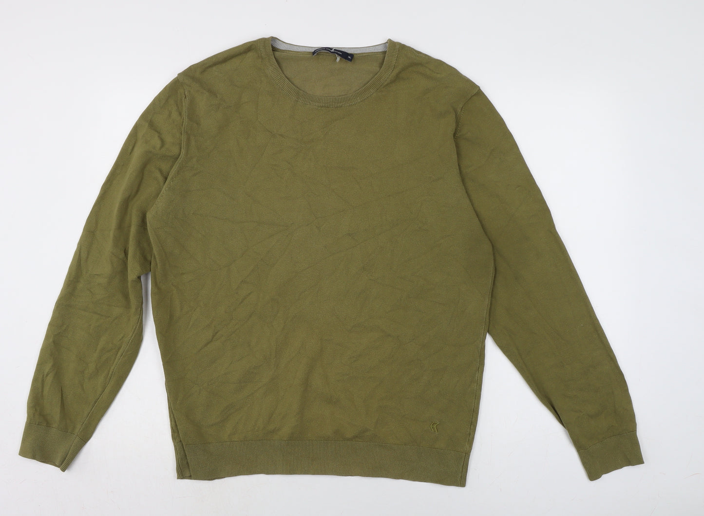 French Connection Mens Green Crew Neck Herringbone Cotton Pullover Jumper Size XL Long Sleeve