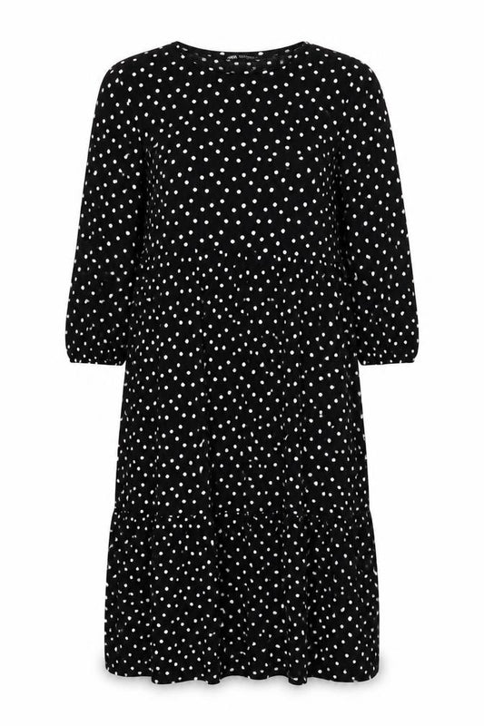 Front view of Zara women’s black polyester shift, size S, crew neck