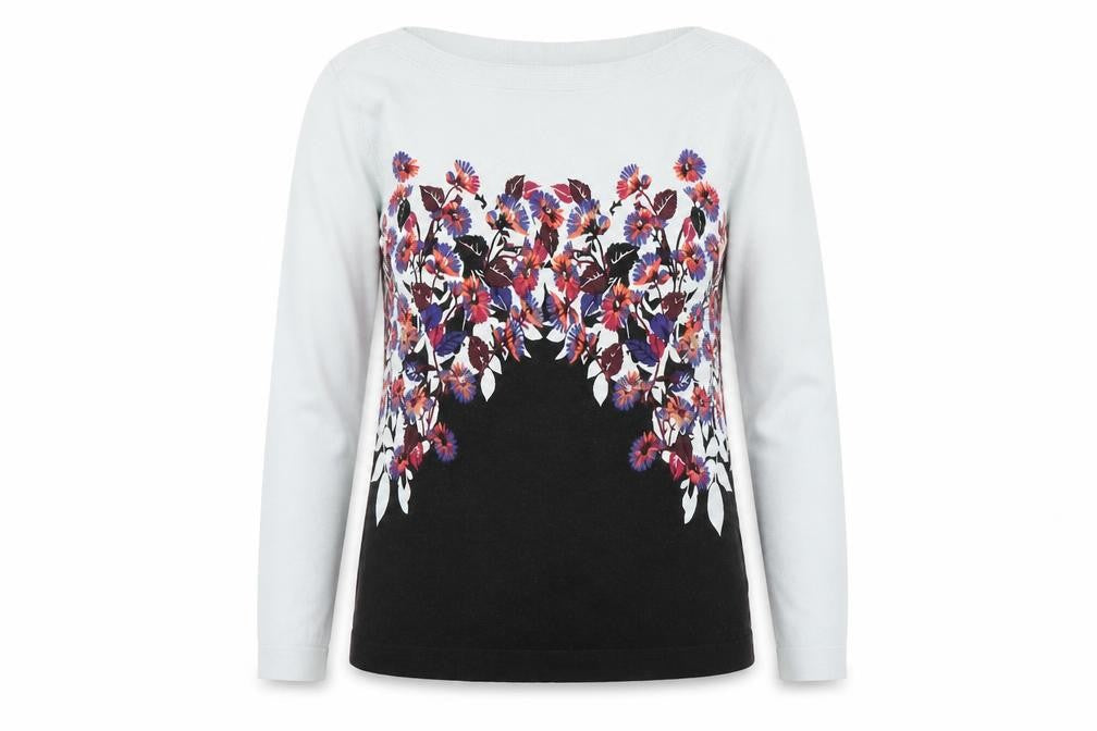 Front view of Next women’s multicoloured boat neck floral cotton jumper, size UK 8