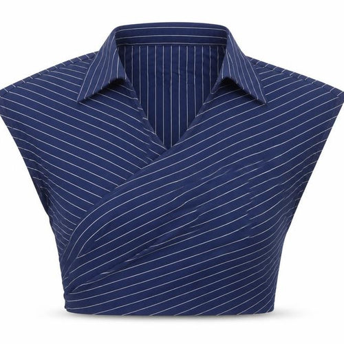Boohoo Womens Blue Herringbone Cotton Cropped Blouse Size 14 V-Neck