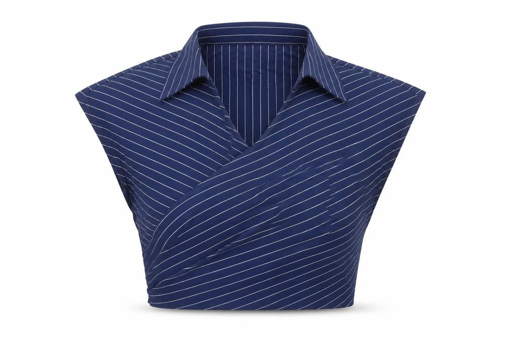 Boohoo Womens Blue Herringbone Cotton Cropped Blouse Size 14 V-Neck