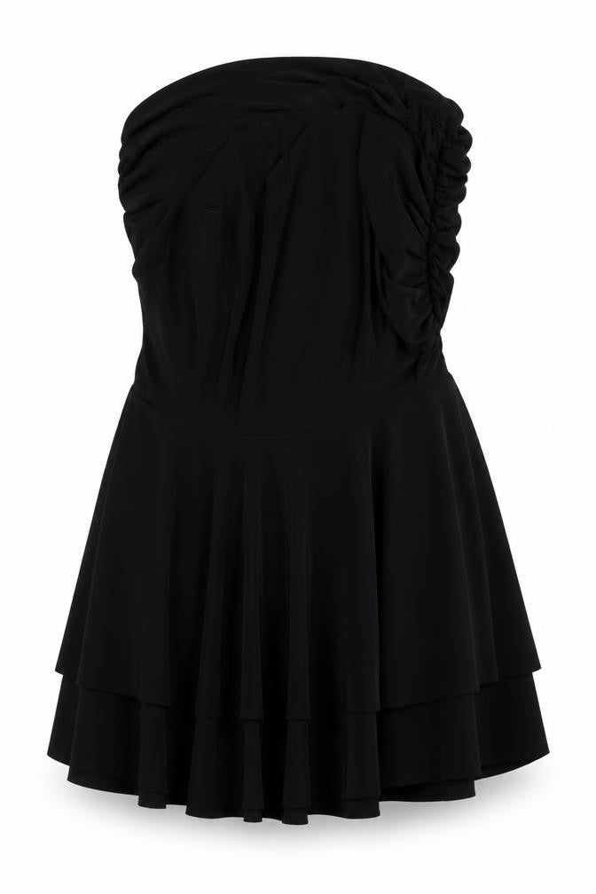 Front view of Rebellious women’s black polyester bodycon, size UK 12, off the shoulder