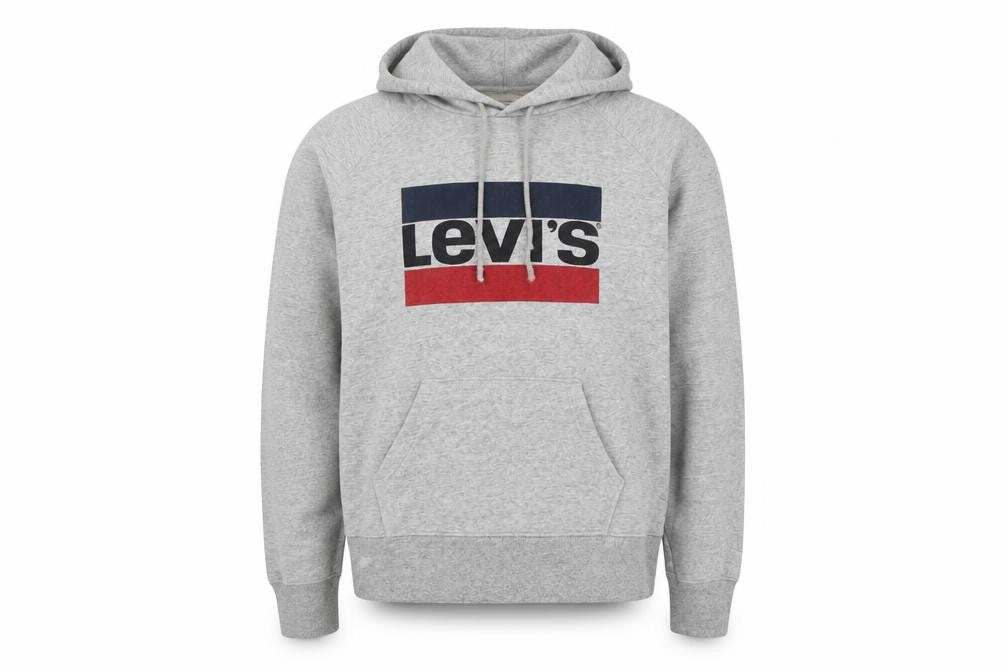 Front view of Levi's men’s grey cotton pullover hoodie, size XS