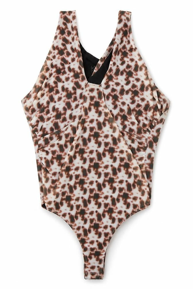 Front view of PRETTYLITTLETHING women’s multicoloured animal print polyester bodysuit one-piece, size UK 10, snap