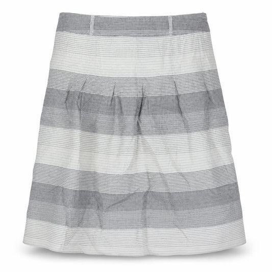 Front view of Marks & Spencer women’s grey striped ramie a-line skirt, size UK 10, zip