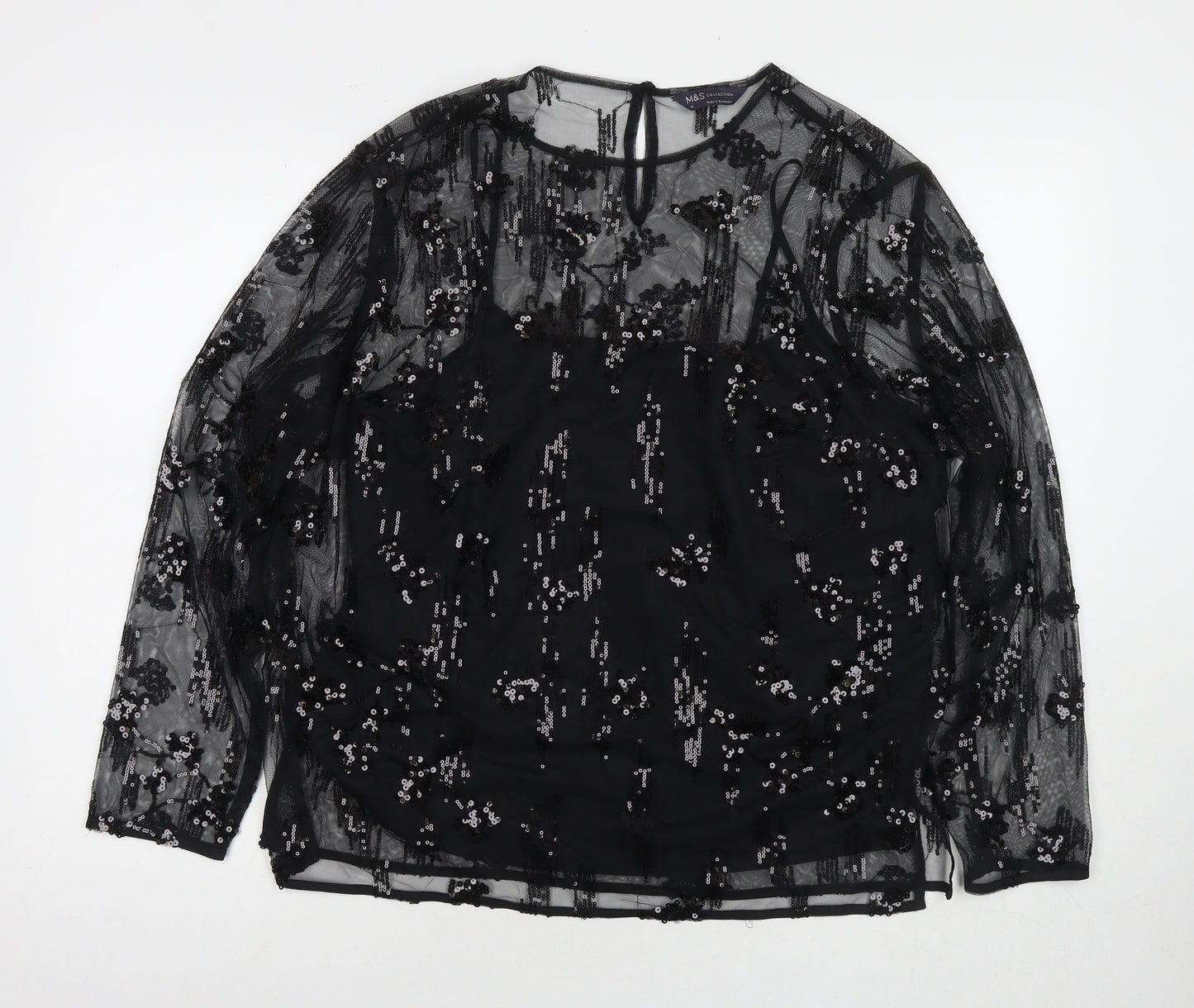 Marks and Spencer Womens Black Polyester Basic Blouse Size 18 Round Neck - Sequin Detail